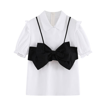 Bow Knot T-Shirt High Waist Ruffled Skirt Set