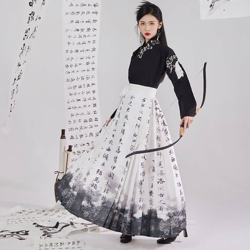 Vintage Crane Embroidery Shirt Character Print Pleated Skirt