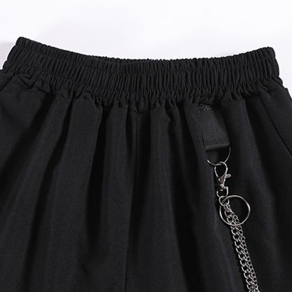 Black Strap Chain Tie Lapel T-Shirt Wide Leg Cargo Shorts