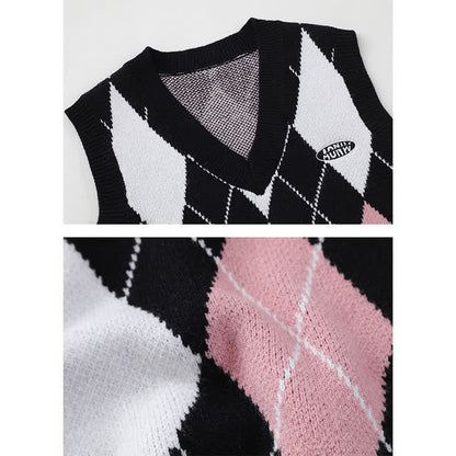 Pink Rhombus Print Vest Long Sleeve Shirt Pleated Skirt