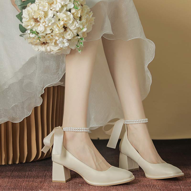 Elegant Pearl Bow High-heeled Shoes