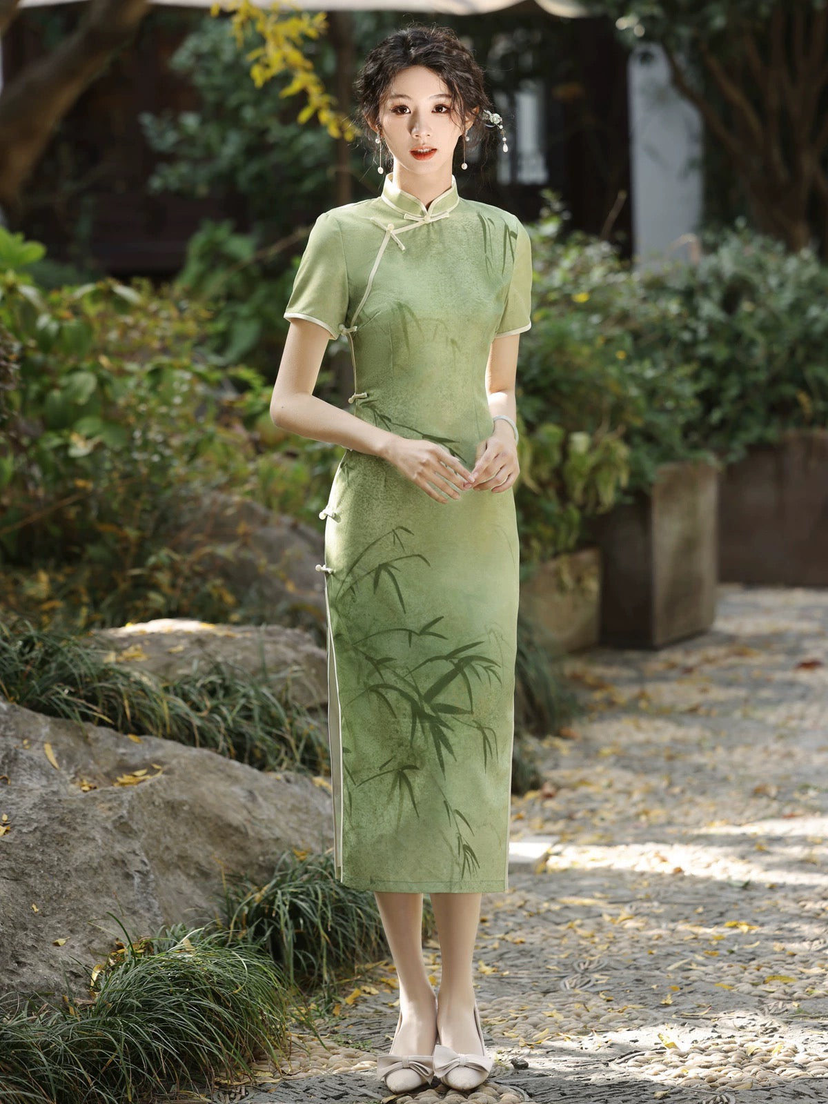 Green Bamboo Cheongsam Dress