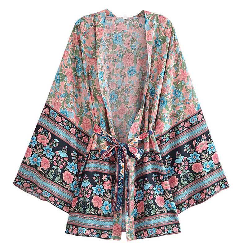 Boho Flower Print Belt Cardigan Outerwear