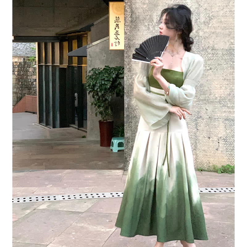 Spring Green Loose Lapel Shirt Vintage Print Slip Dress modakawa