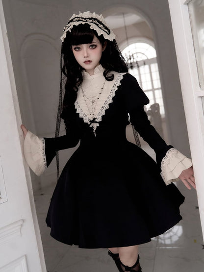 Black Beige Ruffle Banded Collar Lolita Short Dress