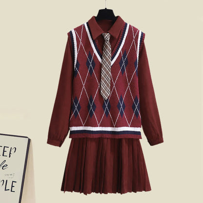 Lapel Tie Pleated Shirt Dress Rhombus Print Vest Set