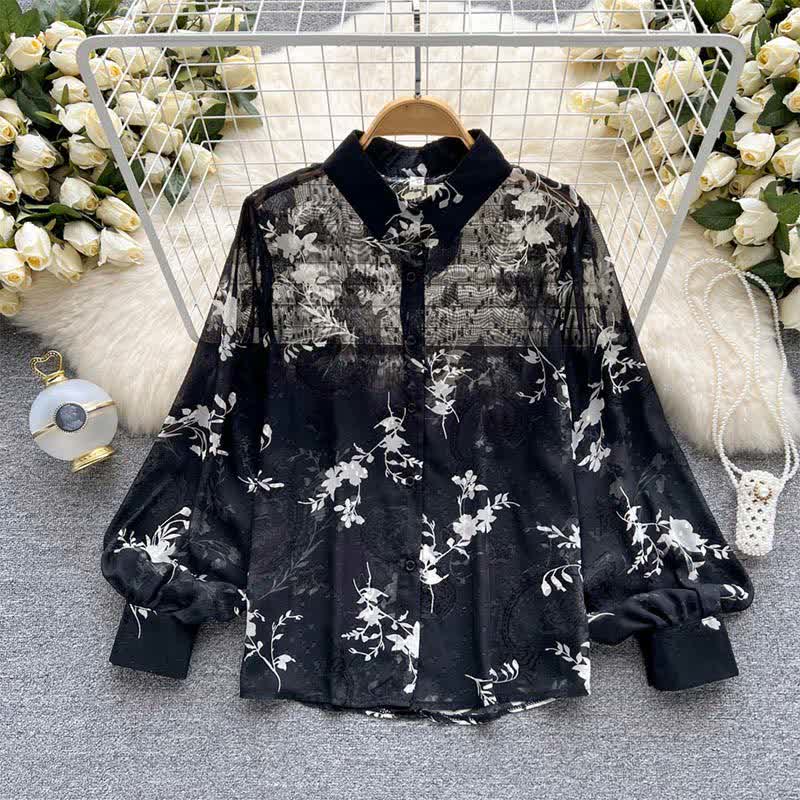 Floral Embroidery Puff Sleeve Chiffon Shirt