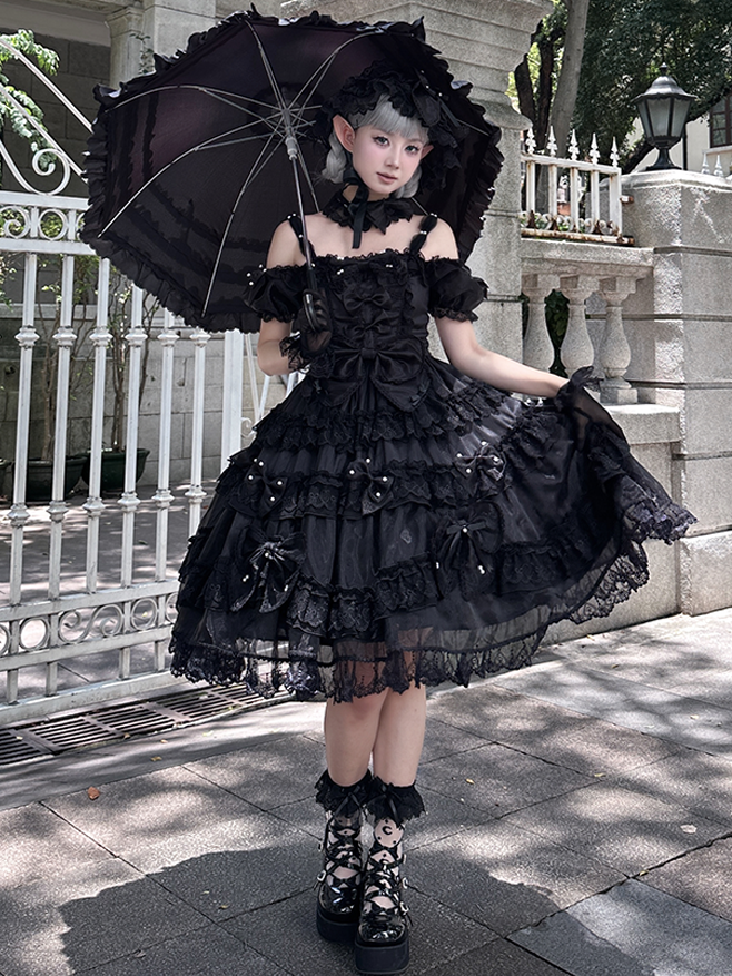 with Black Details Dress Big Accents Princess Lolita Bead All at Back and Bow