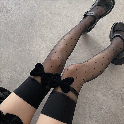 Black Bow Knot Decor Polka Dots Silk Stockings