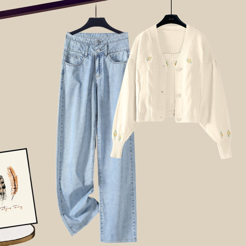 Embroidery Top Cardigan Blue Denim Pants Set