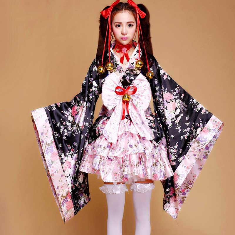 Cosplay Flower Print Bowknot Kimono Costume