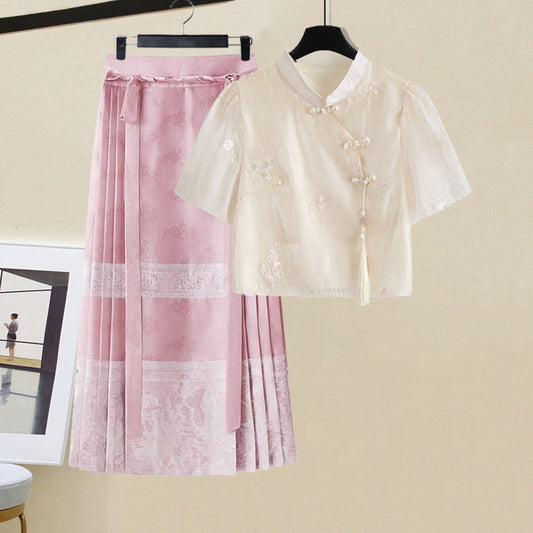 Chic Hanfu Buckle T-Shirt Lace Up Crane Embroidery Pleated Skirt