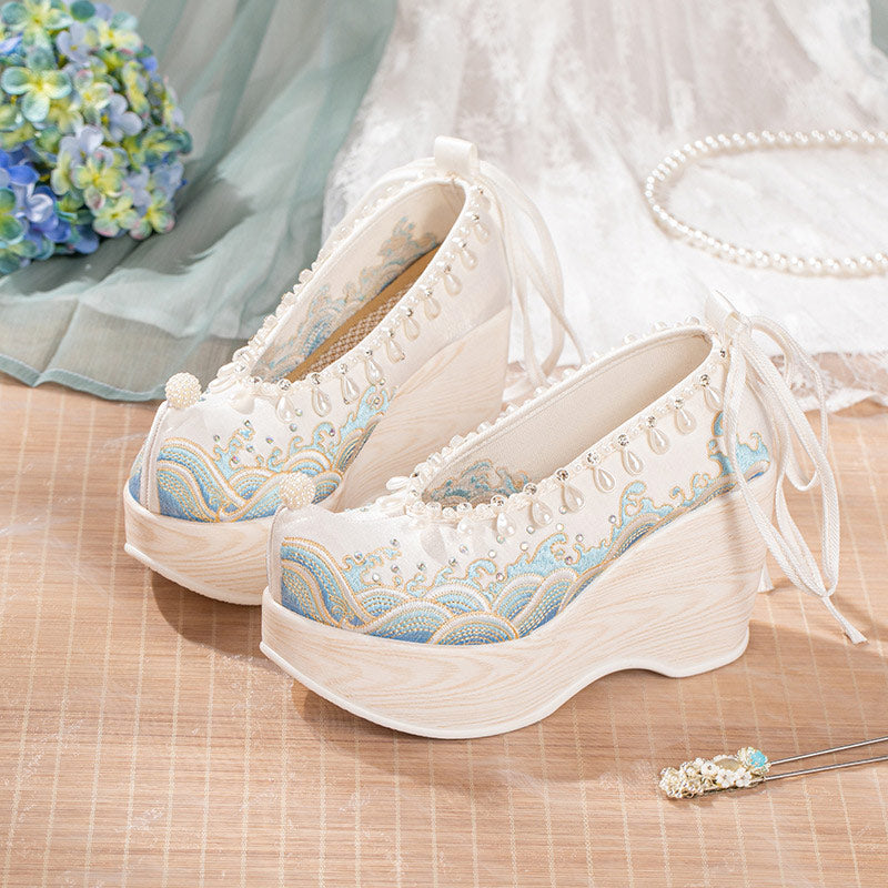 Vintage Wave Print Pearl Platform High Heels Shoes