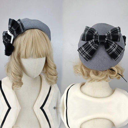 Vintage Bow Knot Plaid Lolita Beret