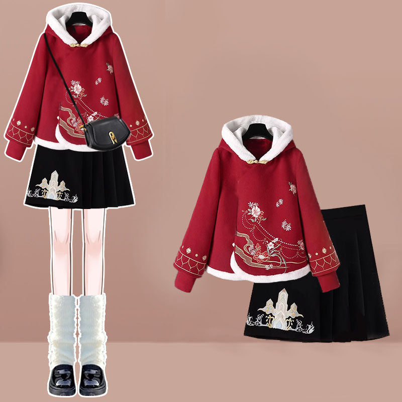 Red Flower Embroideried Hoodie Plush Pleated Skirt