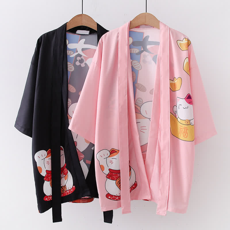 Cardigan imprimé lettre Lucky Cat Kimono Vêtements d'extérieur