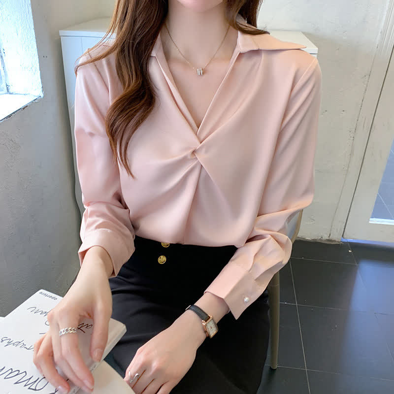 Elegant Pure Color Ruffled Satin Shirt Workwear