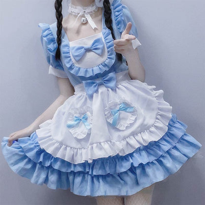 Kawaii Blue Lace Up Bow Maid Lolita Dress