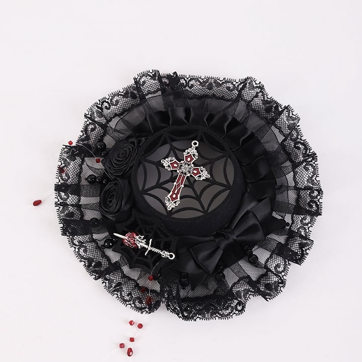 Black Rosette Bowknot Mini with Red Beads Hat