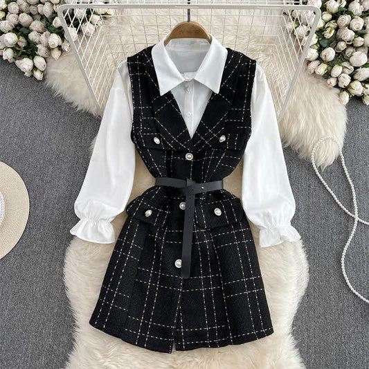 Lattice Print Belted Vest Long Sleeve Shirt Set