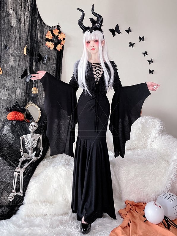 Halloween Costume Black Wide Bat Sleeves Witch Dress