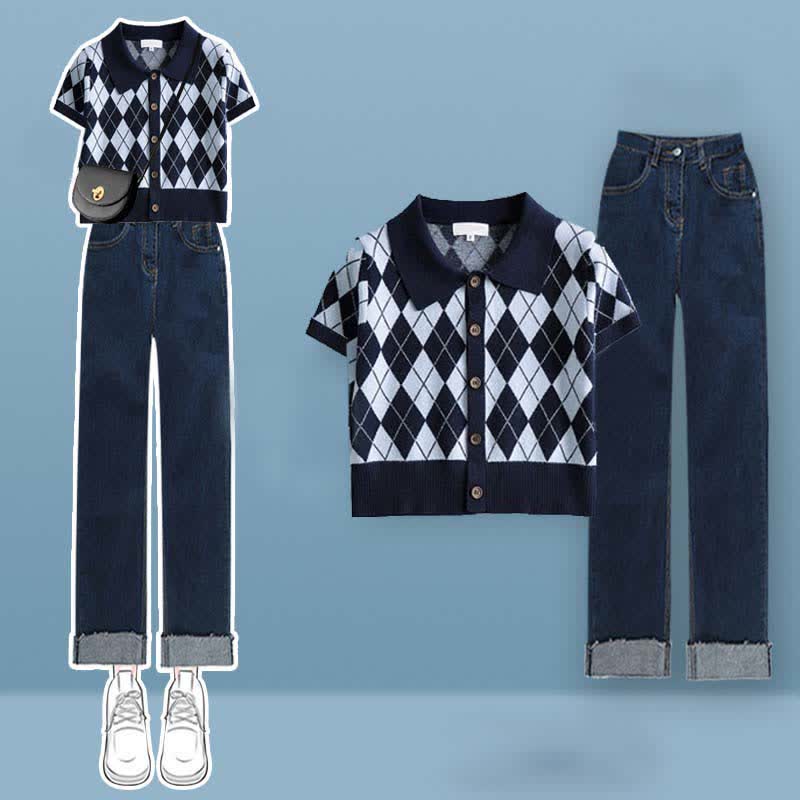 Rhombus Pattern Crop Top T-Shirt Denim Pants Set