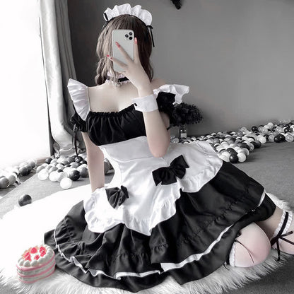 Black Sweet Off Shoulder Bow Knot Lace Up Maid Dress Lingerie