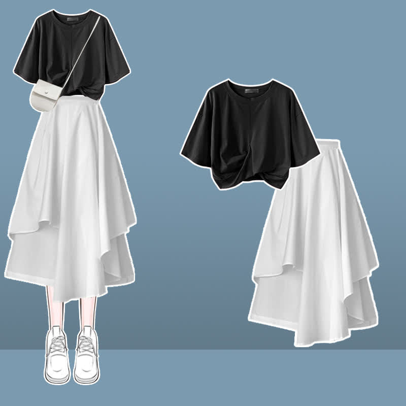 Bow Round Collar Bowknot Crop T-Shirt Irregular Skirt