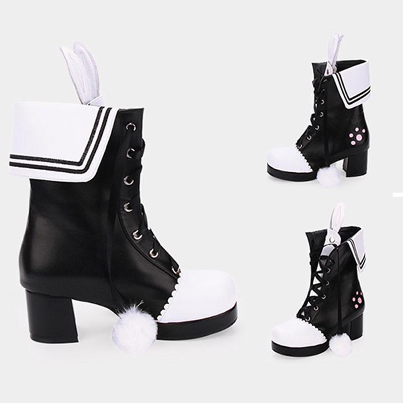 Black Bunny Ears Lace-up Fuzzy Ball Collar High Heel Boots