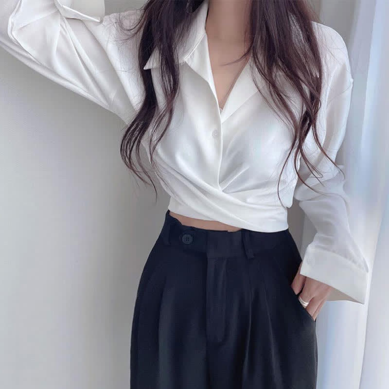 Chic Pure Color Lapel Crop Shirt