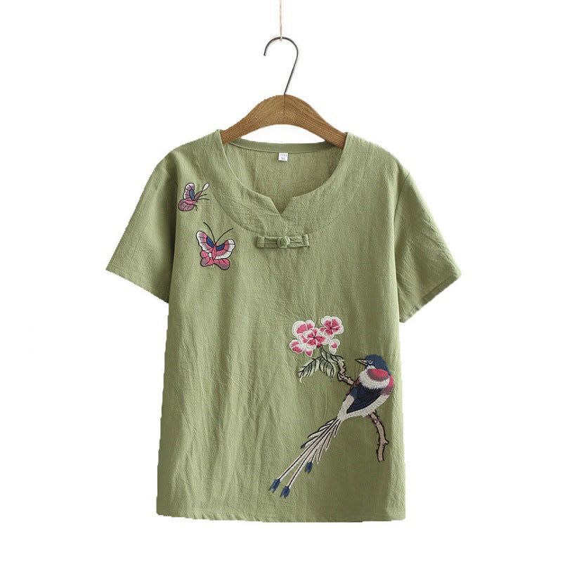 Vintage Bird Embroidery Buckle T-Shirt Pants Set