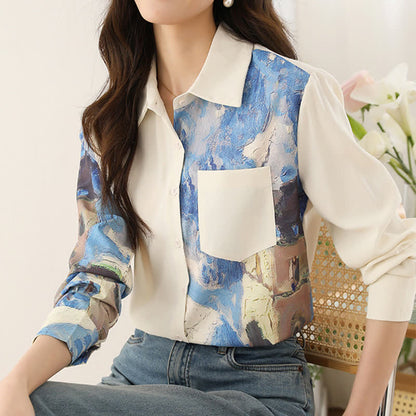 Irregular Printing Chiffon Pocket Lapel Shirt