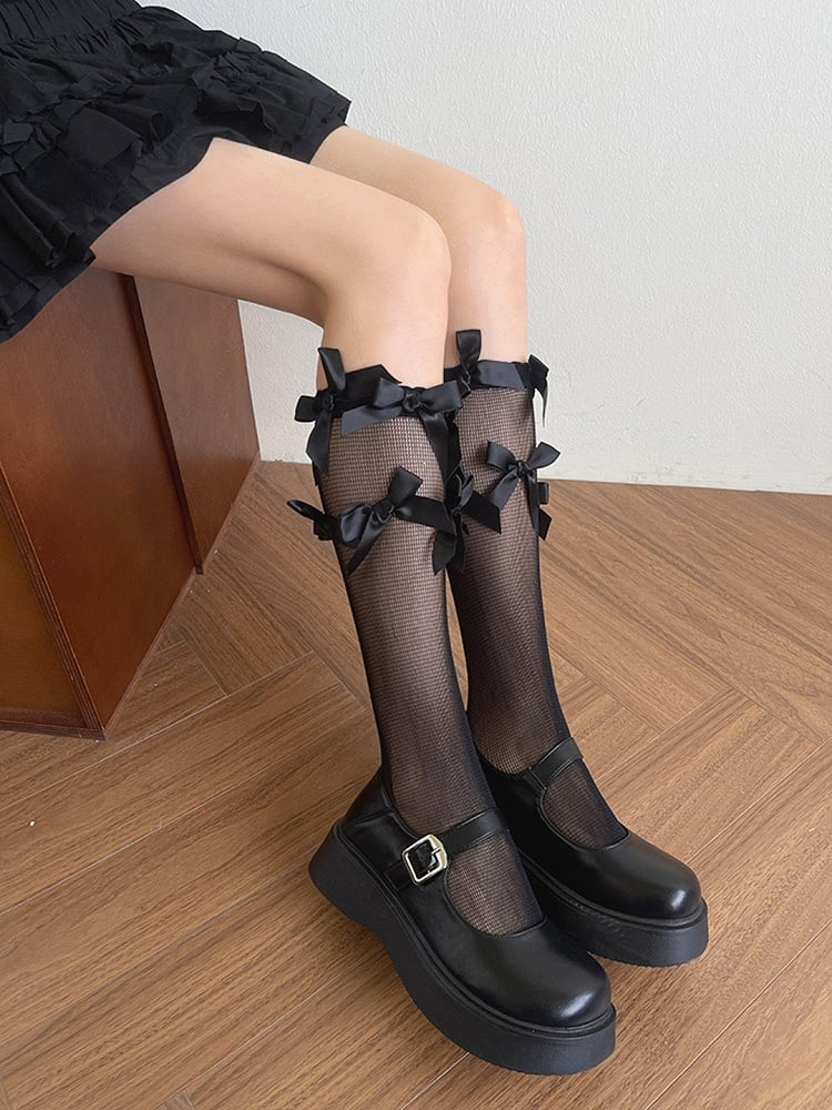Bowknot Details Stockings Underknee Semi-sheer White/Black