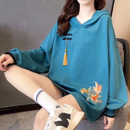 Floral Carp Embroidery Buckle Tassel Loose Hoodie