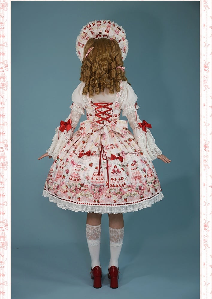 / Sweet Set Desserts Strawberry White Lolita JSK Print Bow and Full Accents