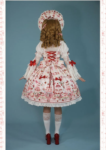 / Sweet Set Desserts Strawberry White Lolita JSK Print Bow and Full Accents