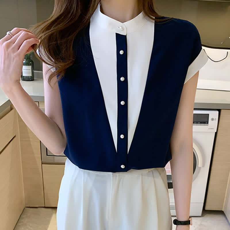 Colorblock Pearl Button Short Sleeve Shirt