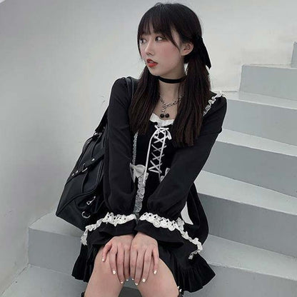 Black Lace Up Lolita Bow-Knot Maid Dress