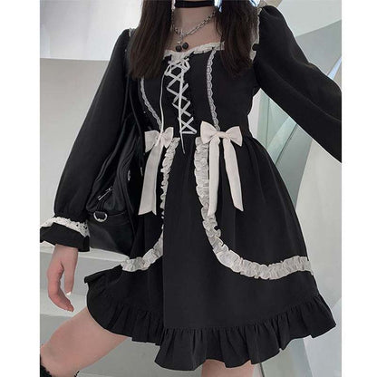 Black Lace Up Lolita Bow-Knot Maid Dress