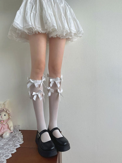 Bowknot Details Stockings Underknee Semi-sheer White/Black