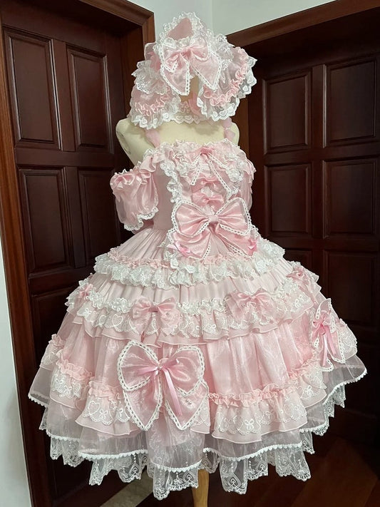 Pink Dress Sweet Back Princess Bow Bead with Lolita and Details Big at Accents