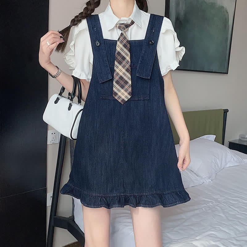 Pocket Lapel Tie T-Shirt Denim Overall Dress Set