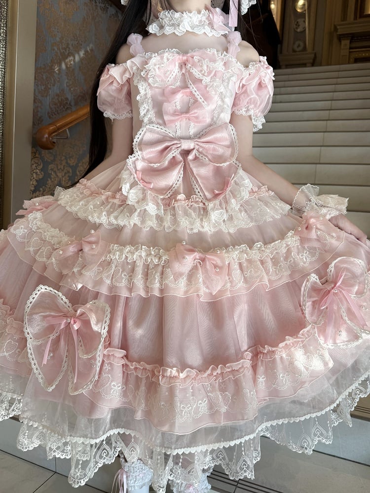 Pink Dress Sweet Back Princess Bow Bead with Lolita and Details Big at Accents