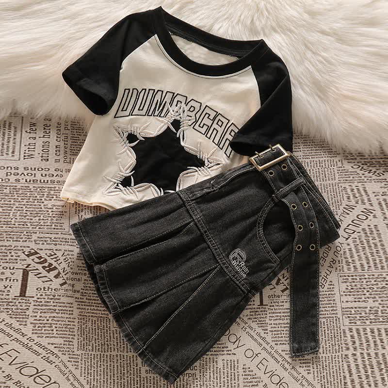 Star Letter Crop Top T-Shirt Belted Denim Skirt