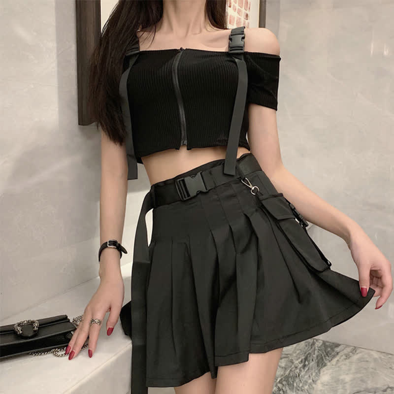 Black Cool Buckle Strap Zipper Crop Top Belted Pleated Skirt