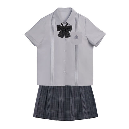 Embroidered Pocket Bow Tie Polo T-Shirt Plaid Pleated Skirt Uniform Set