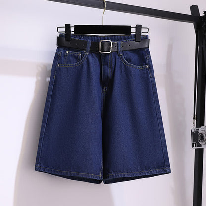 Colorblock Lapel T-Shirt Belted Denim Shorts