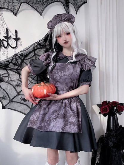 Halloween Costume Dark Maid Black Dress with Purple Apron