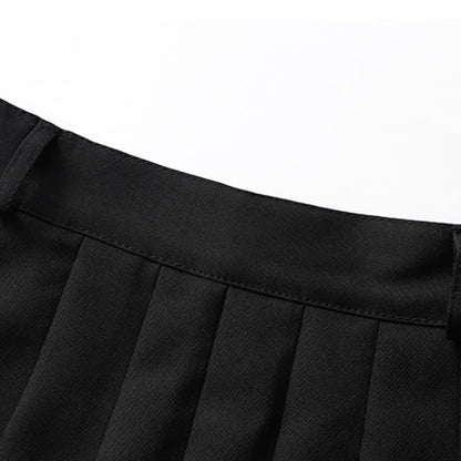 Black Cool Buckle Strap Zipper Crop Top Belted Pleated Skirt