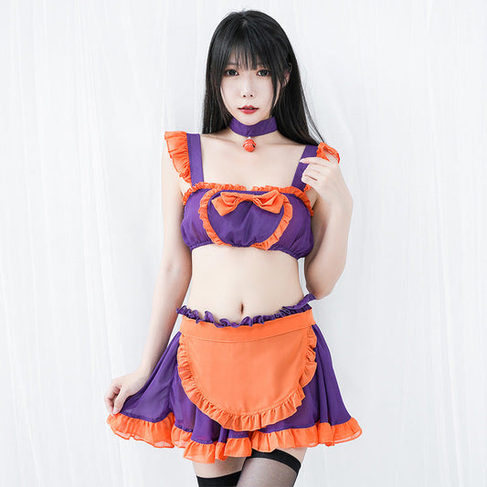 Pumpkin Bell Bow Decor Chiffon Maid Lingerie Set